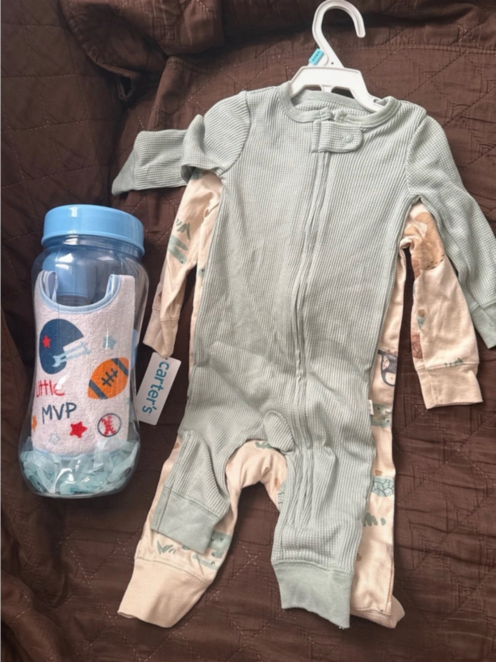 Carter's Sage Green Ribbed Footed Pajama Set with Neutral Print